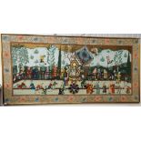 Large Persian Gouache on Silk depicting many figures on a terrace within a foliate border, 32in x