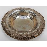 Victorian silver circular dish with foliate scroll embossed and pierced rim, maker SE WS,