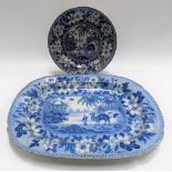 19th Century blue and white transfer printed plate and platter in the caramel and period pattern