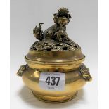 Chinese bronze incense burner and cover, the cover pierced and with Buddhist lion finial, the