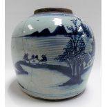 Chinese provincial blue and white ovoid ginger jar, decorated with a pagoda lake landscape, height