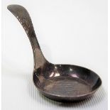George III silver caddy spoon, bright cut engraved and with an armorial in the bowl, maker T.W,