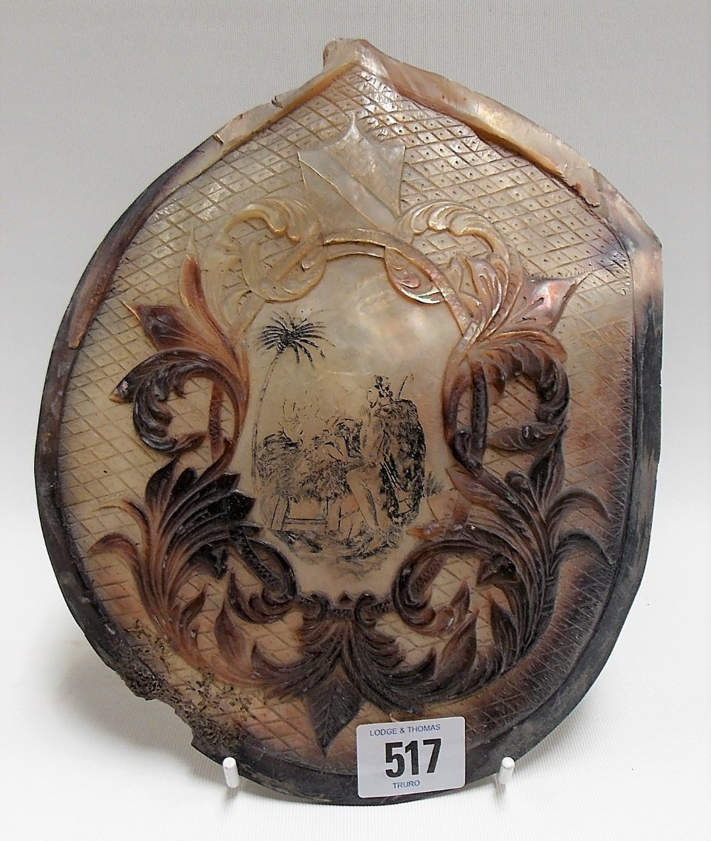 Victorian large carved abalone shell with central engraved scene of a shepherd and the infact Christ
