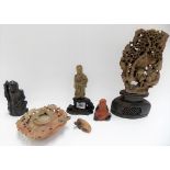 Six Oriental soapstone carved wears including a squat teapot