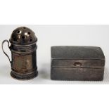 Modern silver rectangular pill box together with a miniature white metal flour sifter (2)
