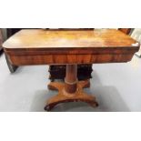 William IV rosewood card table, the hinged swivel top with base inset over a cylindrical column