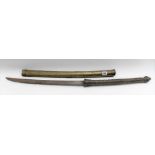 Burmese Dha sword with brass embossed handle and plain sheath with slightly curved and swollen