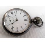 Silver cased crown wind open faced pocket watch, the enamel dial with Roman Numerals and