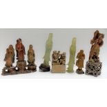 Collection of Chinese soapstone including five figures, a large square desk seal and a pair of green