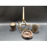 Cornish red serpentine lamp base and ashtray; together with a bronze mortar and a brass