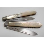 Two silver folding pocket knives with mother of pearl handles