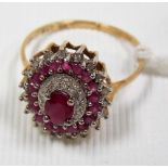 9ct gold diamond and ruby cluster ring, weight 2.5g approx