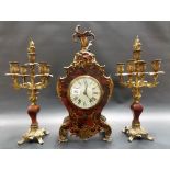 19th Century French tortoiseshell and ormolu mounted clock garniture, the 5in white enamel dial with