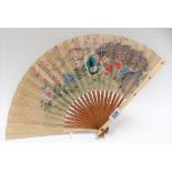 Japanese Meiji period shibayama fan, the two ivory end sticks inlaid with five beetles and a fly,