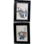 Pair of Chinese ancestral pith paintings depicting a seated lady & gentleman with attendants, both