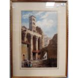 19th Century continental watercolour, a City with Figures, monogrammed SF, 19.5in x 12.25in