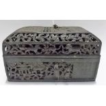Chinese bronze rectangular incense burner, the lid cast and pierced with calligraphy inscription and