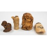 Three Japanese bone Netsukes; together with a soapstone monkey Netsuke (4).