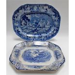19th Century blue and white transfer printed platter by W. Baker & Co in 'LASSO' pattern depicting