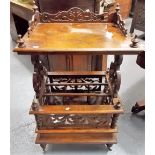 Victorian burr walnut veneered wotnot Canterbury with foliate scroll pierced supports and sides, the