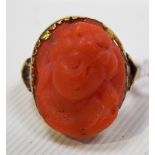 9ct gold ring set with an antique coral cameo, weight 3.4g approx.
