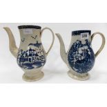 Two 18th Century English porcelain blue underglaze decorated coffee pots, one transfer printed