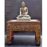 Burmese red painted and gilded rectangular low table with grey marble top, the base foliate carved