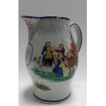 18th Century tin glazed jug decorated in enamels with scenes of a woman at a harpsichord & a