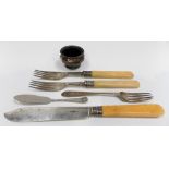 Pair of Victorian silver forks with ivory handles, Sheffield 1898, matching fish knife, silver