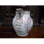 Early 19th Century pearl ware purple lustre jug painted with a reserve of two figures in a field and