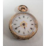 18ct gold crown wind pocket watch, the case foliate engraved with cartouche, weight overall 24g