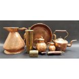 Collection of copper and brass including a large copper measure, height 30in, two Jersey measures,