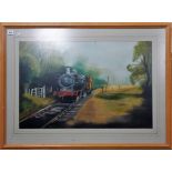 R.H. CORNER - steam train, oil on board, 19in x 29.5in