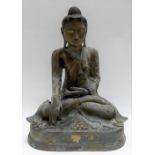 Chinese bronze figure of Buddha, seated in Dhyanasana on a plain base, the left hand in Dhyanamudra,