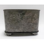 Chinese pewter rectangular box, the lid and sides inscribed with character writing, one side incised