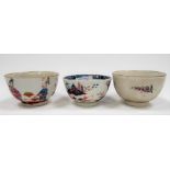Three 18th Century English porcelain polychrome decorated tea bowls, one with old collection label