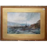 ALBERT POLLETT - coastal landscape with figures & boats, watercolour, signed & dated 1908, 15in x