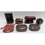 Collection of Japanese lacquer ware including four boxes, a cushion, lidded cup and a three