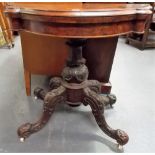 Victorian burr Walnut veneer card table, the hinge serpentine shaped top over a stiff leaf carved