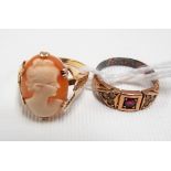 Two 9ct gold rings, one set with a ruby and six seed pearls the other with cameo, weight overall 5.