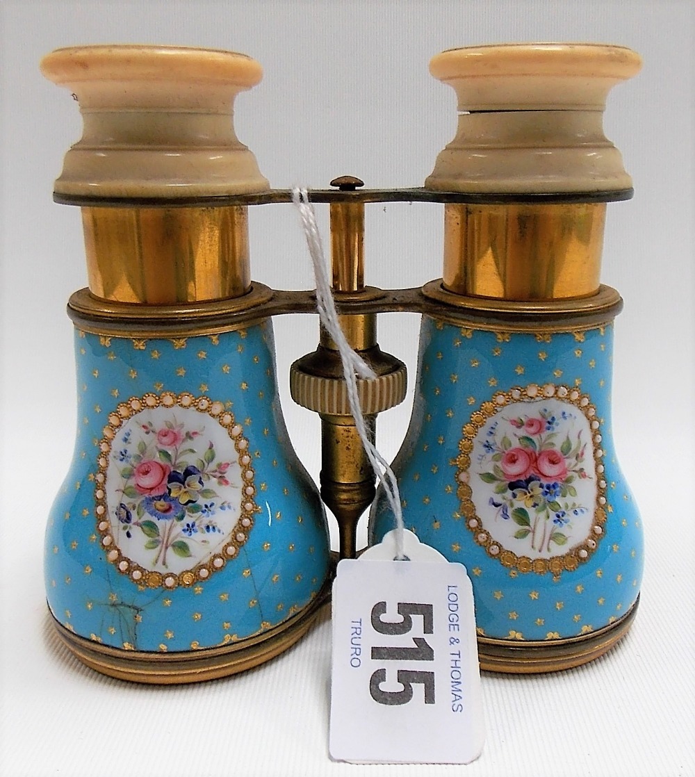 19th or early 20th Century pair of enamel lacquered brass and ivory opera glasses, with ivory turned