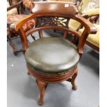 Edwardian mahogany swivel desk chair with upholstered seat and on cabriole legs with pad feet.