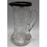 Attractive Edwardian cut glass lemonade jug, wheel engraved with birds amongst foliate scrolls,