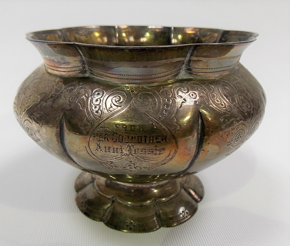 Victorian silver lobed pedestal bowl with foliate scroll engraved decoration, engraved with