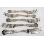 Harlequin set of five William IV and Victorian silver king's pattern table forks, three are 1833 and