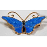 David Andersen sterling silver gilt guilloche blue enamel butterfly brooch, stamped with name,