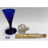 Three pieces of antique glass including a George III cobalt blue cordial glass, scent bottle