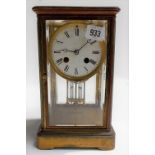 Lacquered brass four glass two train mantel clock with French movement and a twin Mercury tube