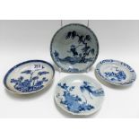 Four various Chinese blue and white saucers, one decorated with a woman and child within a garden, 6