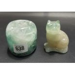 Green and white mottled rock crystal candle holder; together with a carved model of a cat.